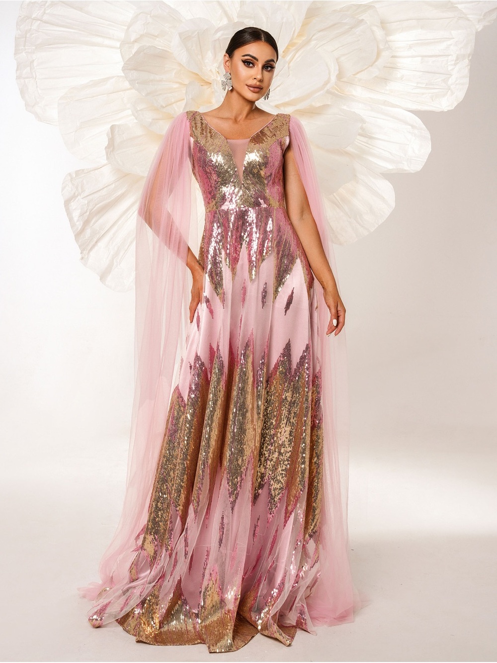 Elegant Pink & Gold Sequin Maxi Dress with Draped Tulle Cape